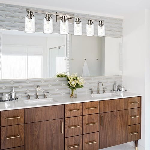 Miniatura 3 de VINLUZ Lámparas de tocador de baño sobre espejo, 6 lámparas de pared de baño con base de metal y pantalla de vidrio sembrado para porche, taller,