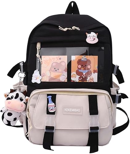 Kawaii - Mochila estética para laptop, bolsa escolar de gran capacidad, bonita mochila de 17 pulgadas para niñas con insignia y colgante, Negro -,