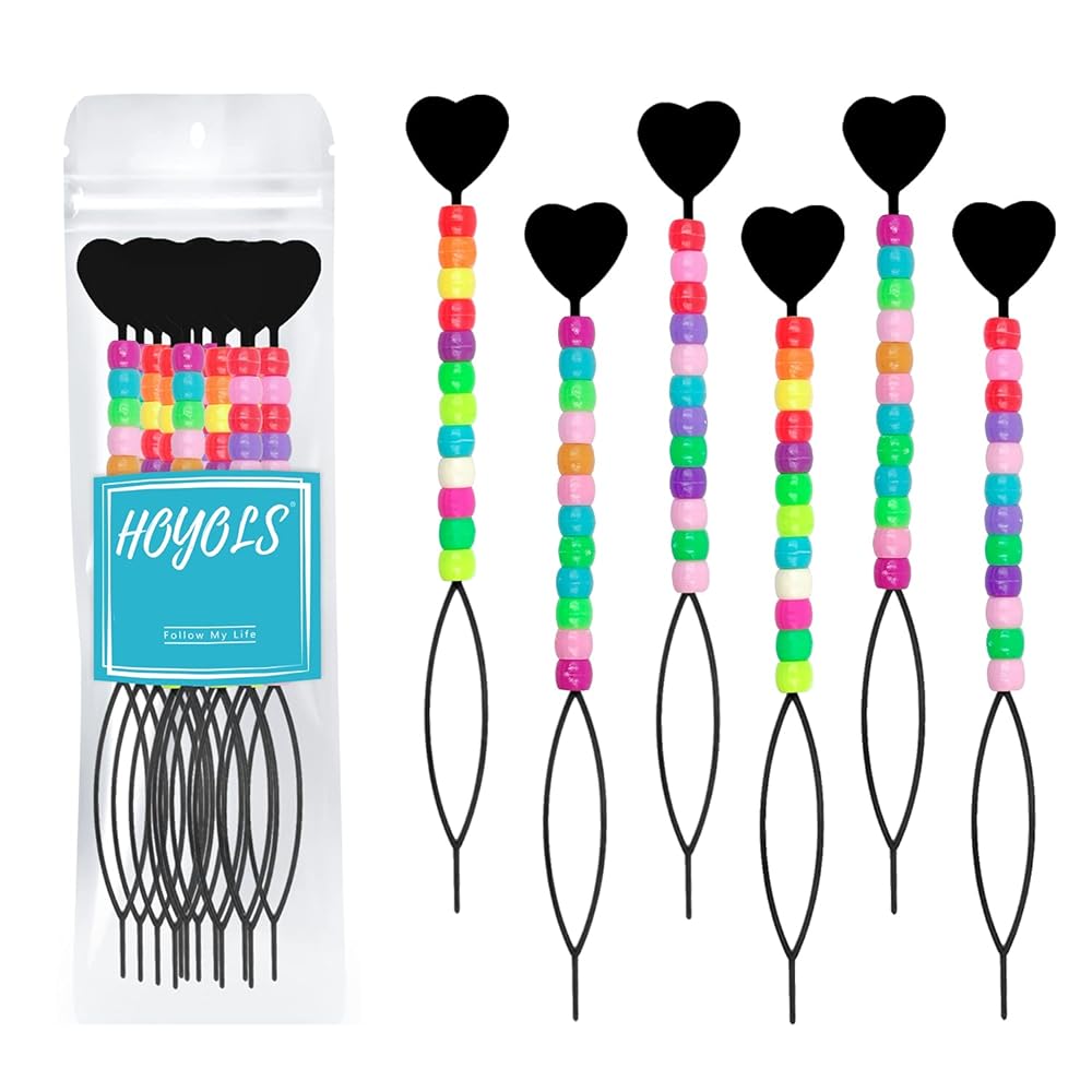 Hoyols Quick Hair Beading Tools with Colorful Pony Beads Magic Topsy Hair Tail Braid Stringer Ponytail Maker for Kids Girls 6pcs Black