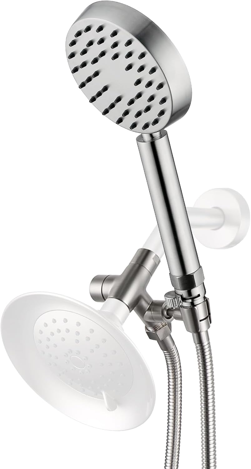 G-Promise Solid Metal Brushed Nickel Handheld Shower Head with 3 Way Diverter with Hold, With Extra Long Stainless Steel Hose & Water Saving On/Off Pause Valve, Modern Style, 1 Setting