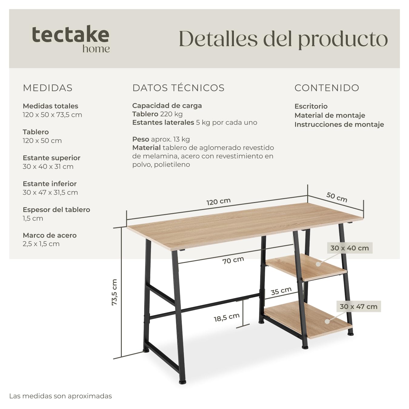 tectake® Mesa Escritorio con 2 Estantes Integrados, Pies Ajustables, Moderno Escritorio para Ordenador, Mesa Oficina, Fácil Montaje - 120 x 50 x 73,5 cm Madera Industrial Clara, Roble Sonoma