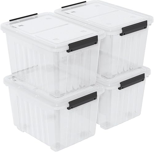 Miniatura 8 de Obstnny Caja de almacenamiento de plástico de 20 L con asa, paquete de 4 contenedores de almacenamiento transparentes con pestillo