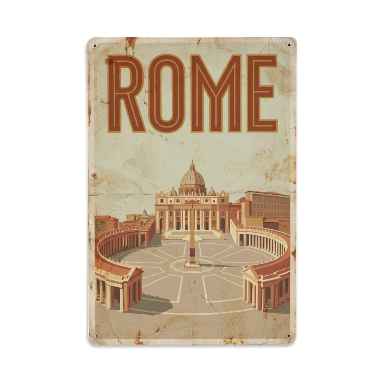Vintage Travel Rome Piazza San Pietro Vatican Square Colonnade Rusted Italy Metal Tin Sign Plaque Wall Decor for Cafe, Club Bar, Office, Home Garden Metal Poster 8x12Inch