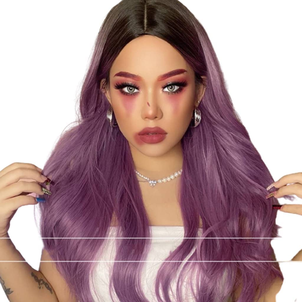 parrucca realistica Parrucca Da Donna Parrucca Lunga Ondulata Sfumata Viola E Rossa Parrucca Riccia Voluminosa Elastica Parrucca Naturale Per Feste Di Tutti I Giorni 24"/60 Cm eleganza naturale