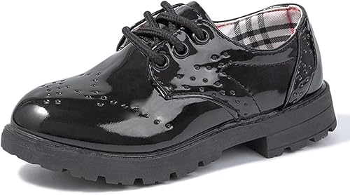 KIDSUN Zapatos de vestir para niño y niña, cómodos zapatos Oxford con cordones para uniforme escolar, mocasines planos (bebéniño pequeño) E-negro