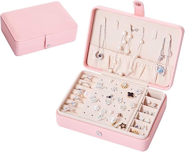 hombrima Small Travel Jewellery Box, Jewelry Storage Organizer Cases with Doubel Layer for Womens Necklace Earrings Rings Bracelet (Pink)