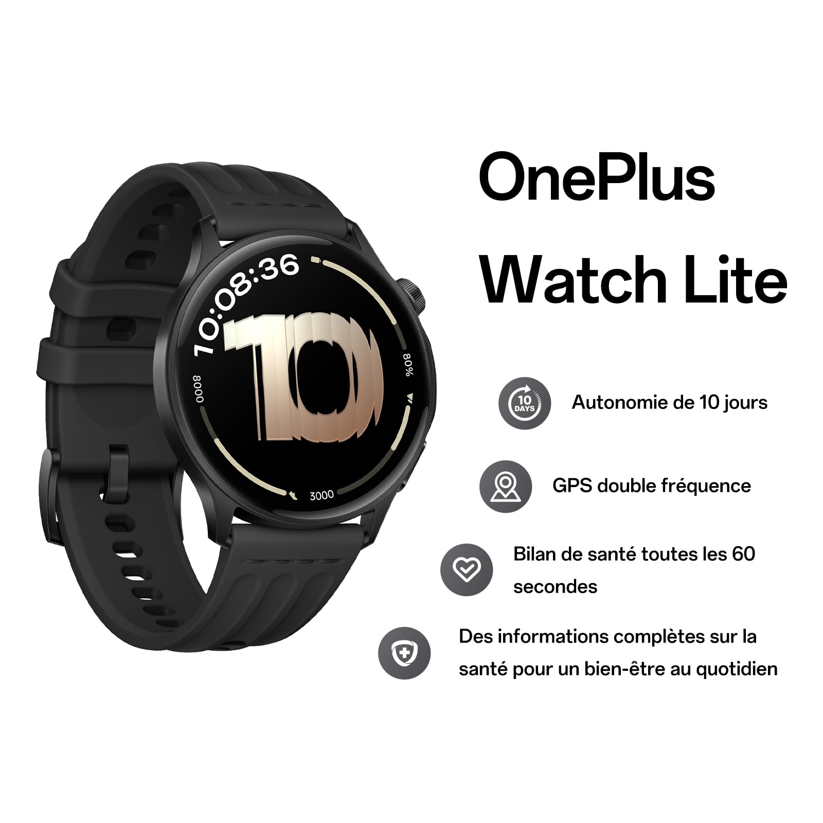 OnePlus Watch Lite Montre, Boîtier Acier, GPS Double, 10 Jours, Black