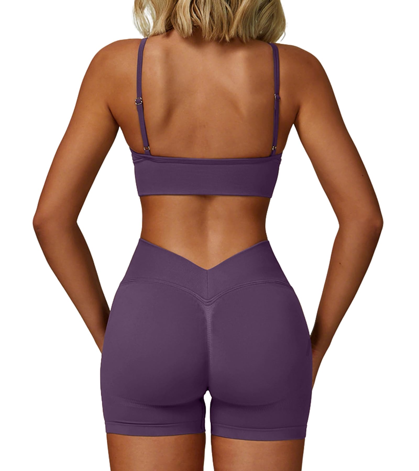 Sport Set Damen Gerippte GYM Set Sport Outfit Strappy Yoga Workout Fitness Set Bekleidung V-Ausschnitt Rückenfrei Sport BH Kombiniert Scrunch Yoga Shorts Nahtloses Sportkleidung Zweiteilige