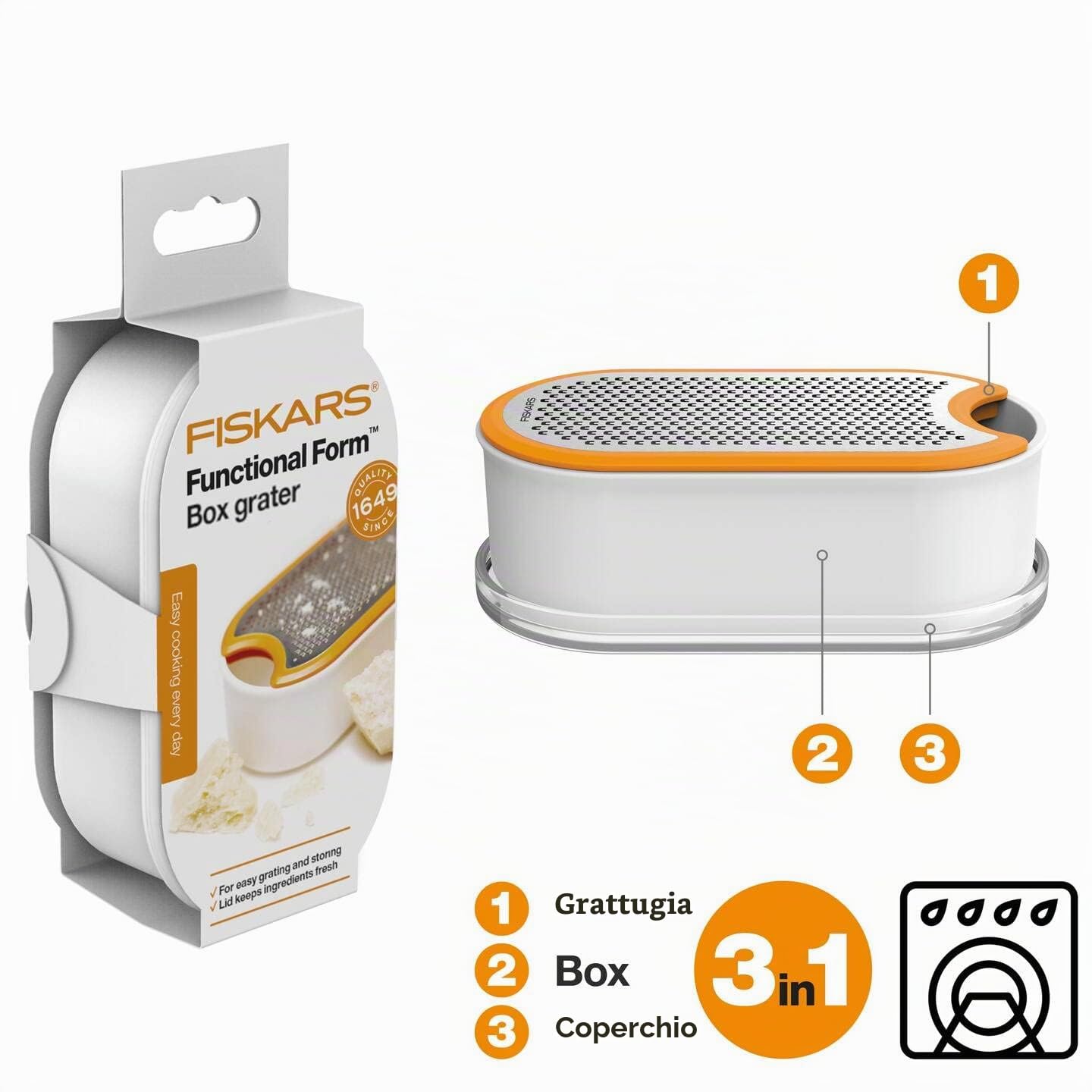 Fiskars Grattugia con contenitore, Dimensioni: 16,8 x 9,0 cm, Metallo/Plastica, Functional Form, 1019530