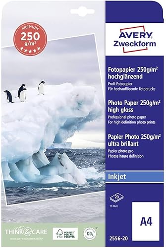 Avery 2556-20 Premium - Papel fotográfico para inyección de tinta (8.82 oz, 20 hojas, A4, 8.82 oz)