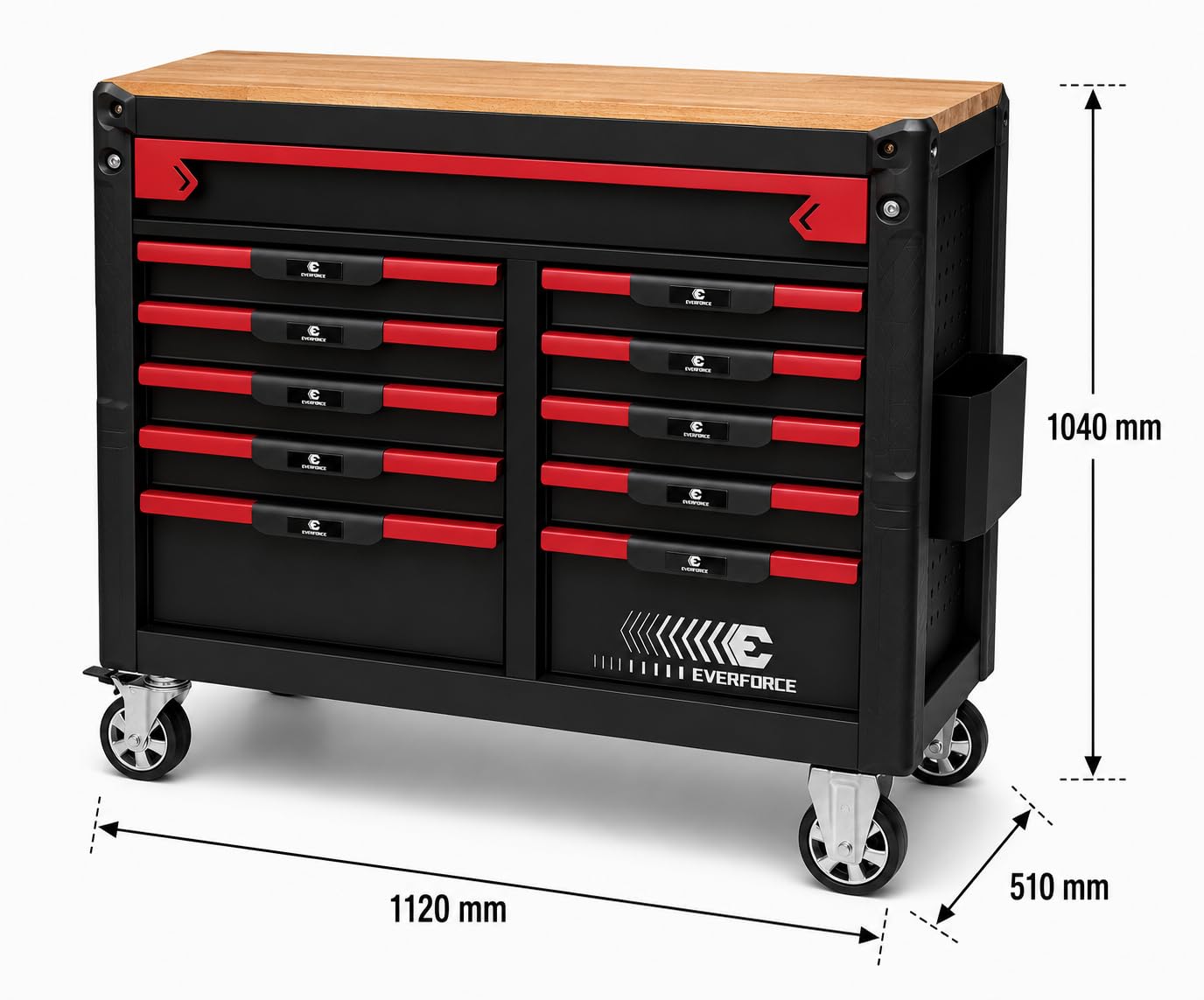 DeTec. Carro de taller equipado con herramientas | 12 cajones 11 llenos | carro de herramientas para coche con placa de trabajo de madera | caja de herramientas llena con inserto de aspecto de carbono