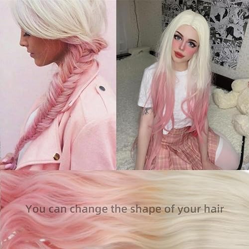 Miniatura 2 de Amnenl Peluca rizada rubia rosa para mujer, pelucas largas onduladas con raya en medio, peluca de pelo sintético natural para cosplay para Halloween