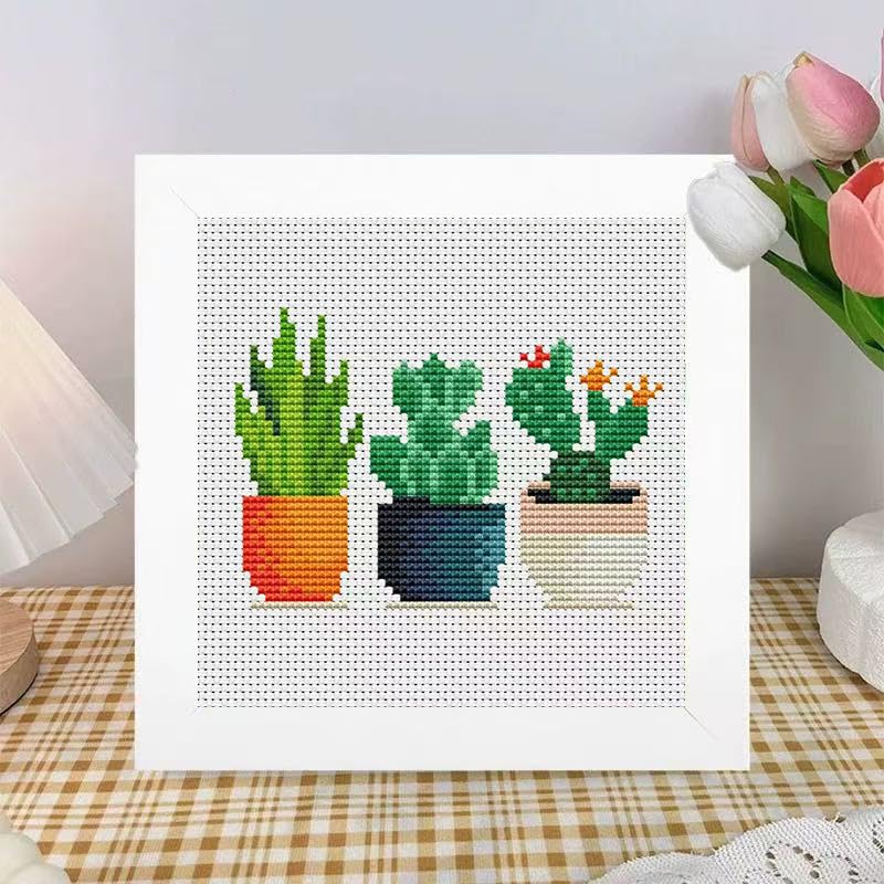Image of Tiwabb Succulent Cross Stitch Kits,Cactus Cross Stitch Kits for Adults Beginner with Framed,Embroidery Kit Stamped 11CT Cross Stitch Arts and Crafts for Adults Partial Cross Stitch 6.7x6.7inch
