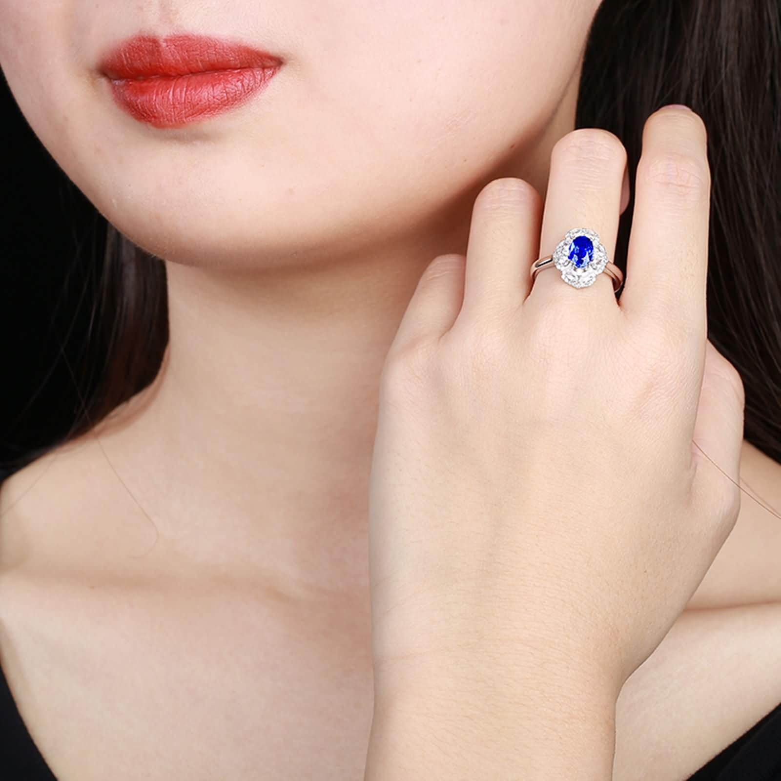 Daesar Anillos Mujer de Boda con Flor y Oval con Zafiro Creado de 1.12ct y Moissanita, Oro Blanco 9K/14K/18K, Anillos de Matrimonio de Boda Plata Azul