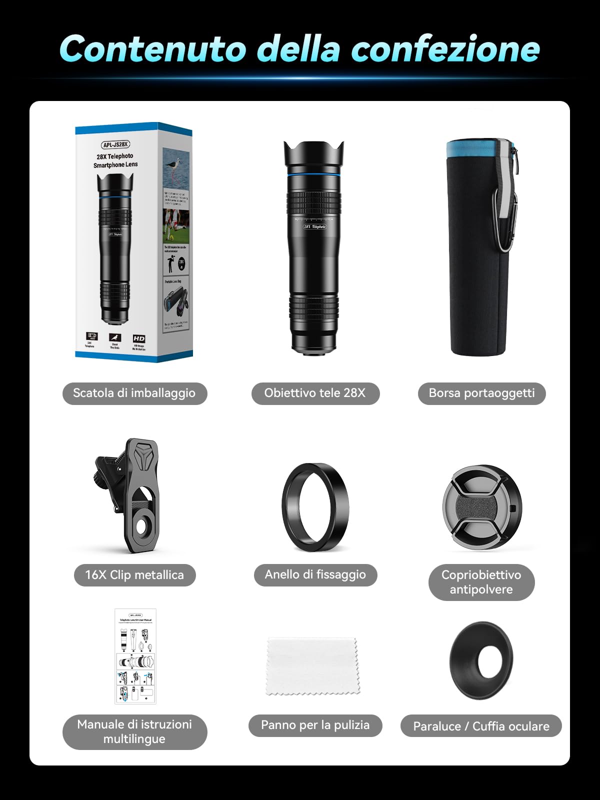 APEXEL 28x HD Teleobiettivo – Obiettivo telescopico universale con clip per iPhone, Samsung e Android