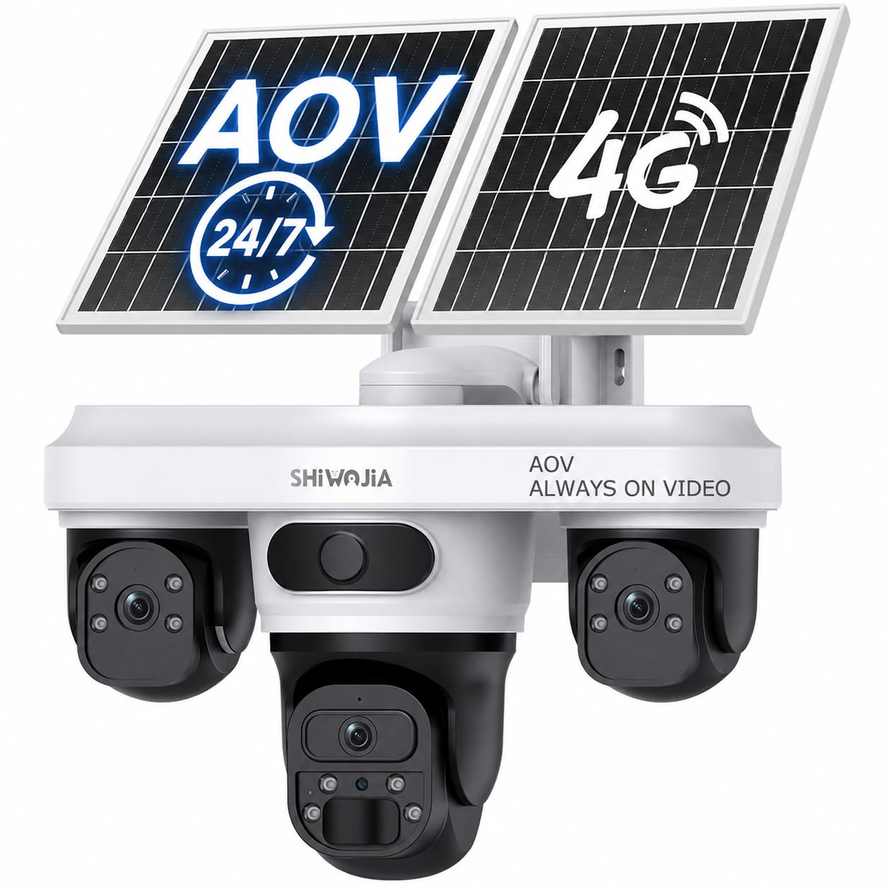 SHIWOJIA Caméra de sécurité solaire AOV 4G LTE 24h/24, 7j/7, 360° avec carte SIM, batterie sans fil CCTV avec détection de mouvement PTZ, sirène lumineuse instantanée alerte, étanchéité IP66