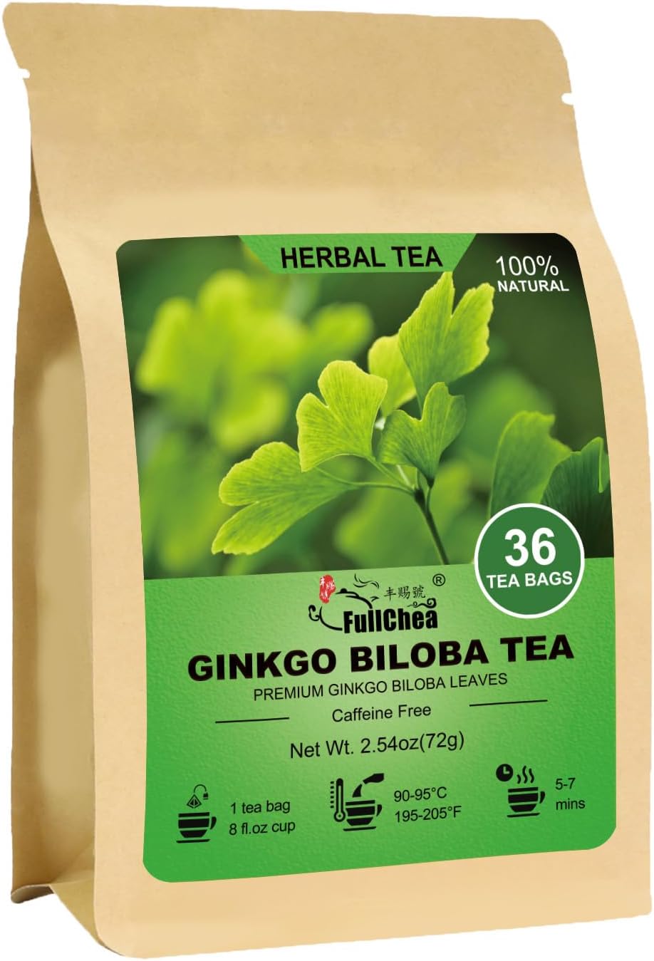 Ginkgo Biloba Tea Bags, 36 Teabags - Premium Dried Ginkgo Biloba Leaves - Non-GMO - Caffeine-free - Support Memory & Focus