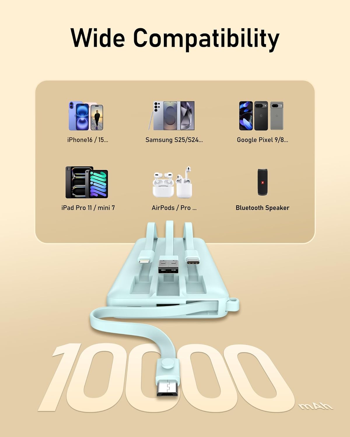 VEEKTOMX Power Bank with Built-in Cables 10000mAh Portable Charger for iPhone Slim Fast Charge USB C Battery Pack Travel Essentials Powerbank Compatible with iPhone, Samsung, Android, etc - Image 6