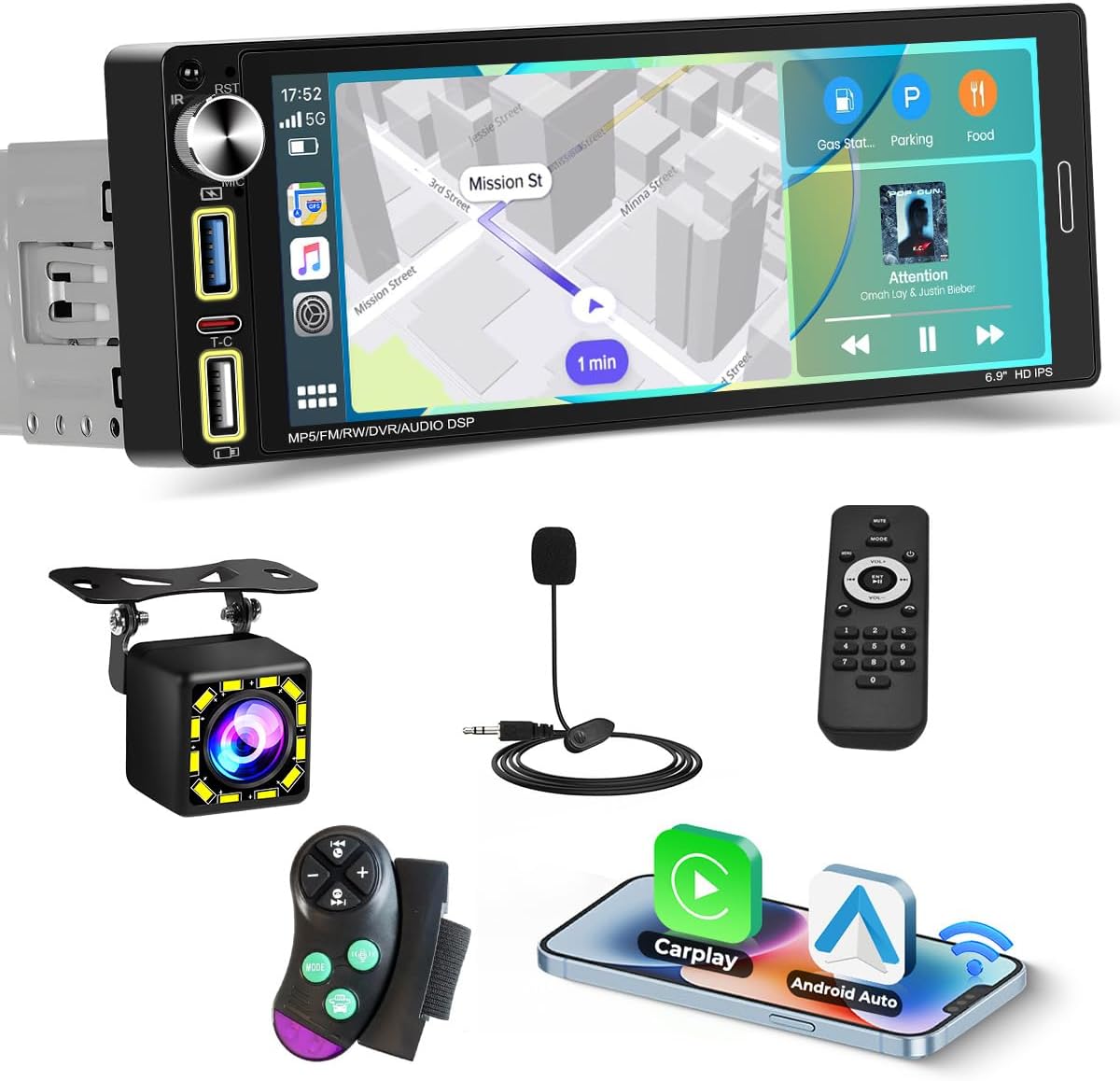 Roinvou Single Din Car Radio with Wireless Carplay Android Auto, 6.9 inch Touch Screen Single Din Radio, Support Bluetooth5.2/FM/RDS/1280 * 400/Type-C/Dual USB/Colorful Backlight/SWC + Backup Camera