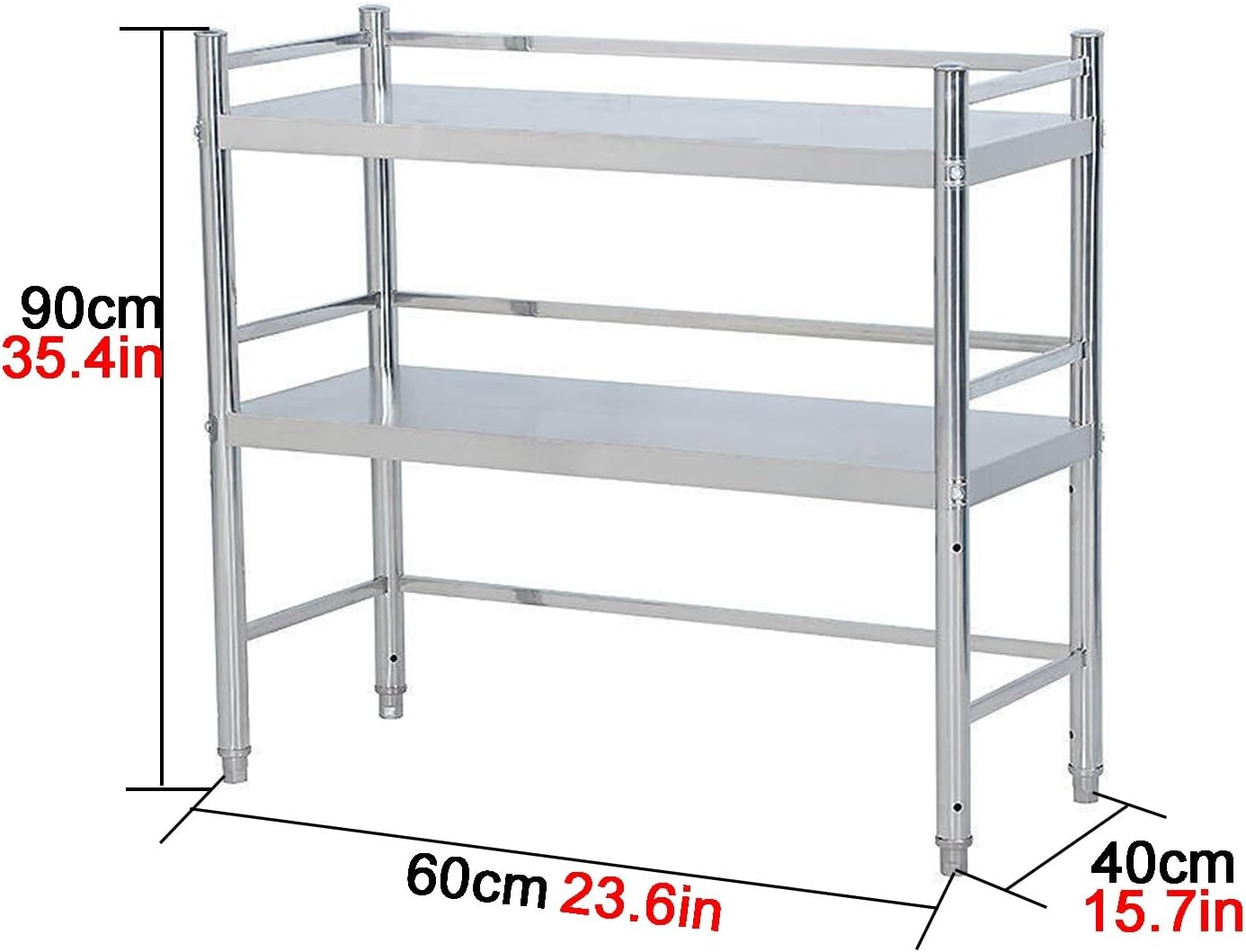 Kitchen Worktable with Guardrail Double-Layer Stainless Steel Work Table Triangular Support Screw Connection Adjustable Legs Reinforced with Crossbeam Suitable for Hotel and Warehouse Use