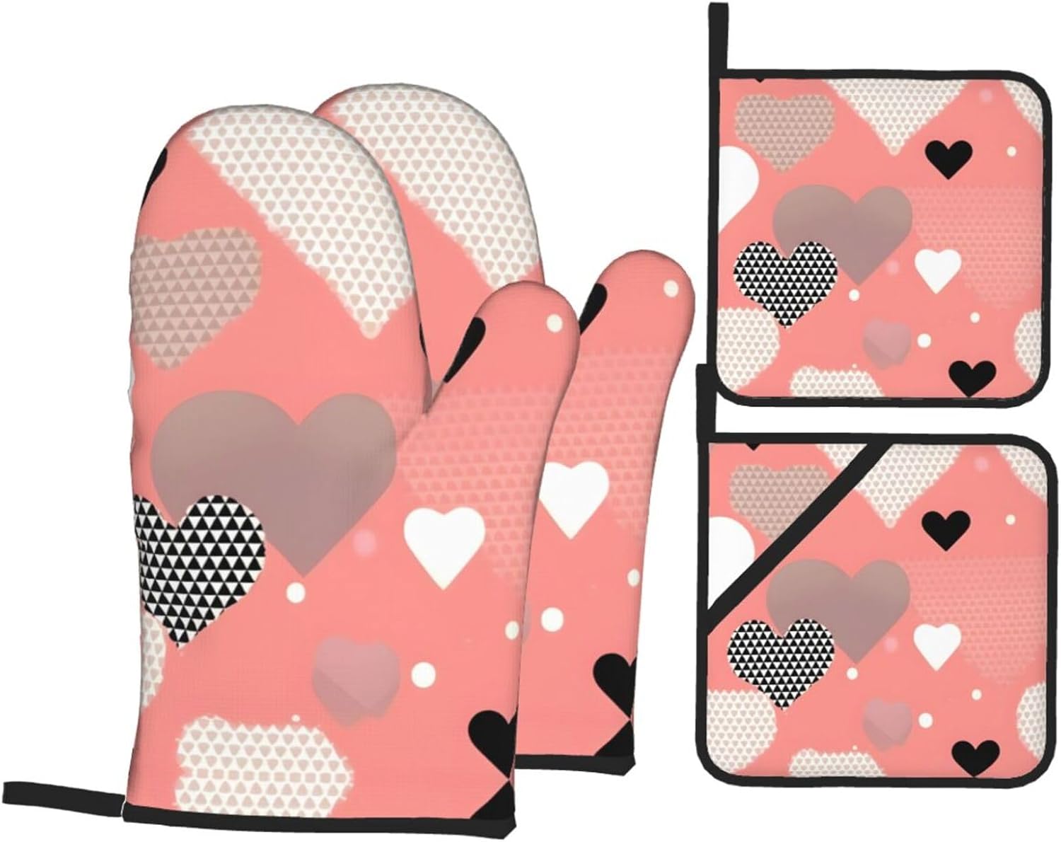 Valentine's Day Love Oven gloves and heat-resistant mat 4-piece set. Suitable for grilling, microwave oven frying, and baking