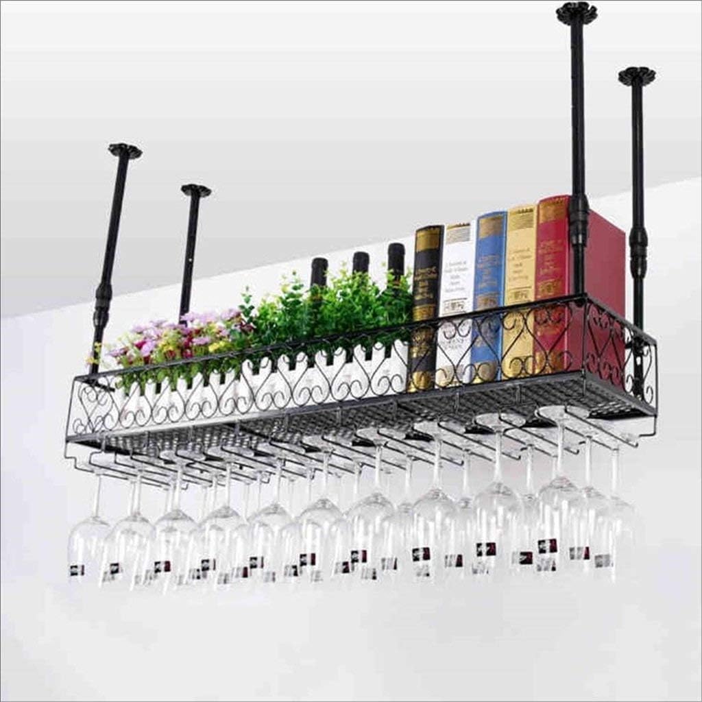 Vintage Wrought Iron Wine Glass Holder Rack with Hanging Champagne Glass Rack Black 60 * 25cm