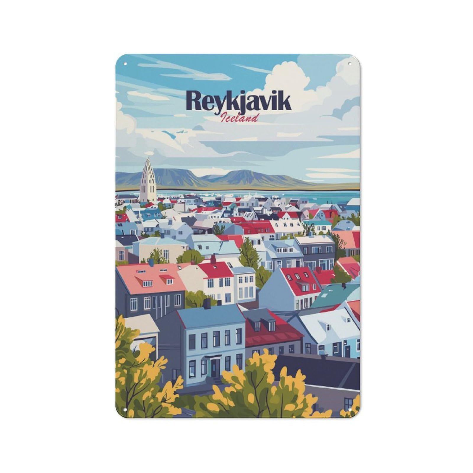 Reykjavik Cityscape Vintage Metal Sign 30x20cm, Nostalgic Pub Wall Decor for Pub, Home Bar, Shed Or Man Cave