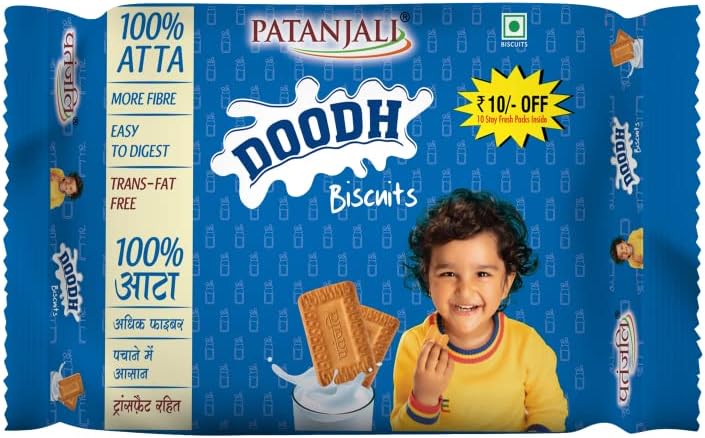 Patanjali Doodh Biscuit, Whole Wheat Milk Cookie, Rich in Fibre, 800 Gm