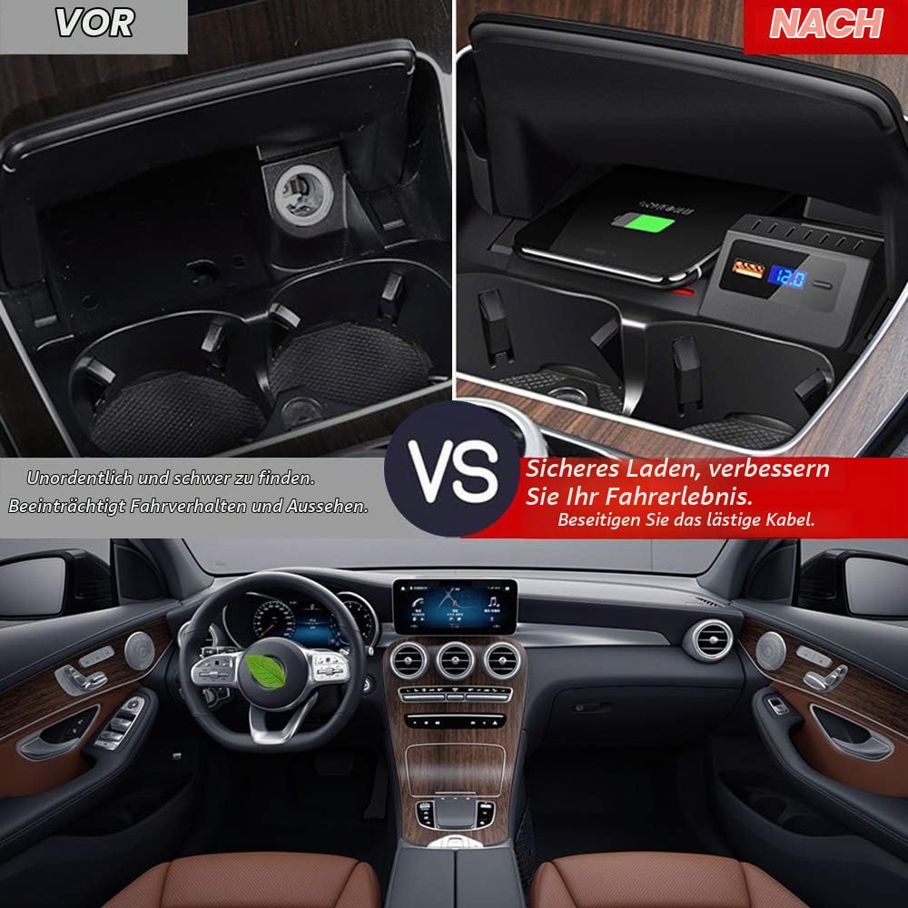 Upgrade Kabelloses Ladegerät Auto für Mercedes-Benz C-Class GLC 2021 2020 2019 2018 2017 2016, 15W Wireless Schnell-ladegerät mit QC3.0 USB und 18W PD für iPhone 12/11/X Samsung S20/S10/S9