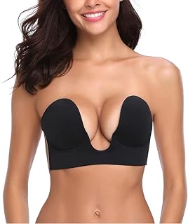 KUNHAOH Women's Push Up Plunge Adhesive Bra,Reusable Deep U Invisible Adhesive Sticky Bra