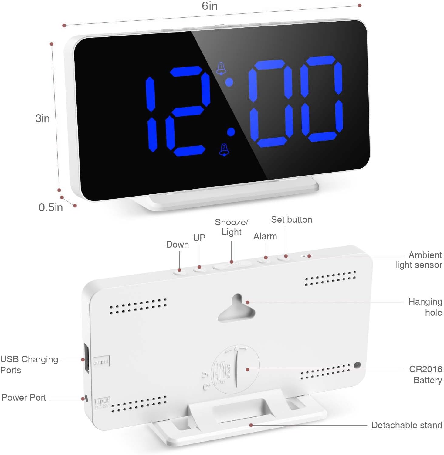 Two images showing the alarm clock with different alarm times set, 7:30 and 8:00, with people performing morning routines.