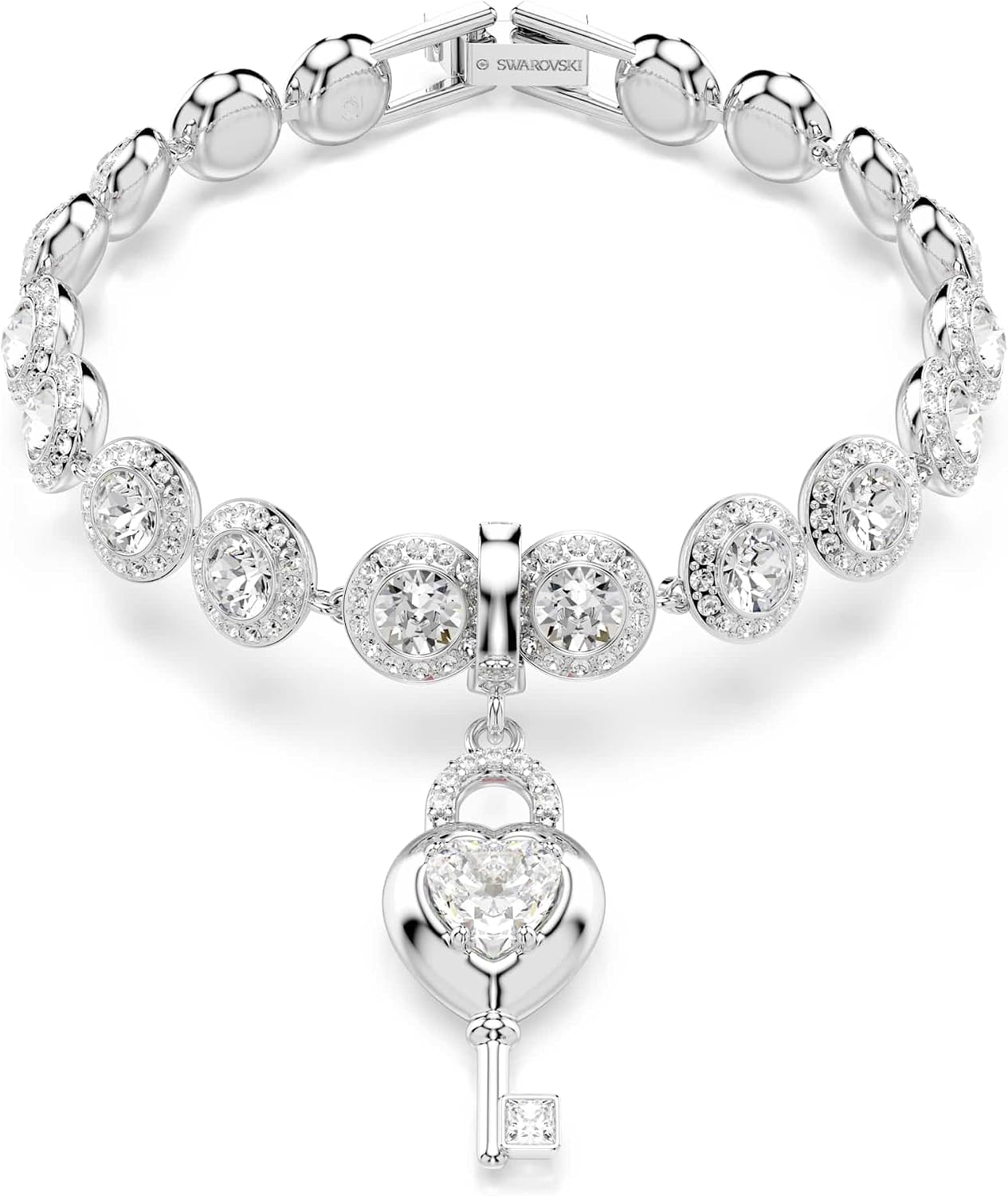 Swarovski Idyllia charm, Mixed cuts, Heart with key, White, Rhodium plated