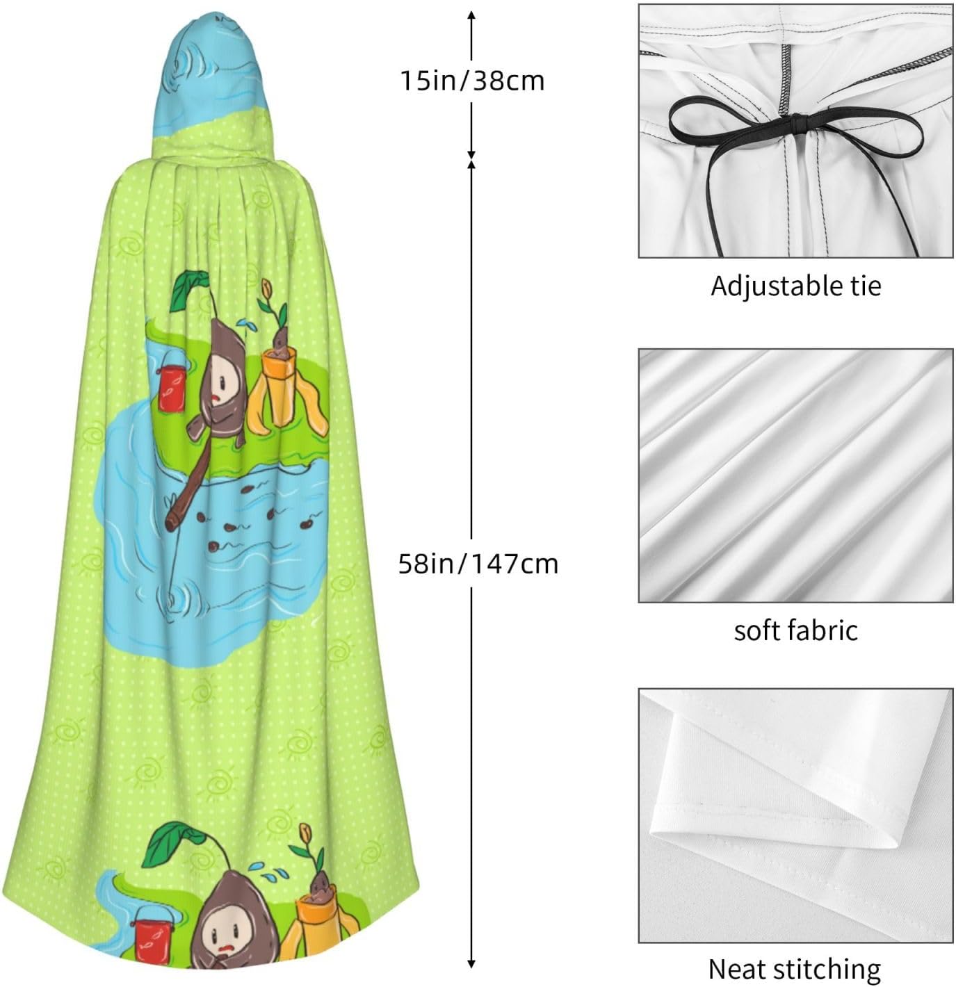 Sunflower Seeds Fishing Men Women Halloween Role Play Party Decoration Hooded Poncho Black