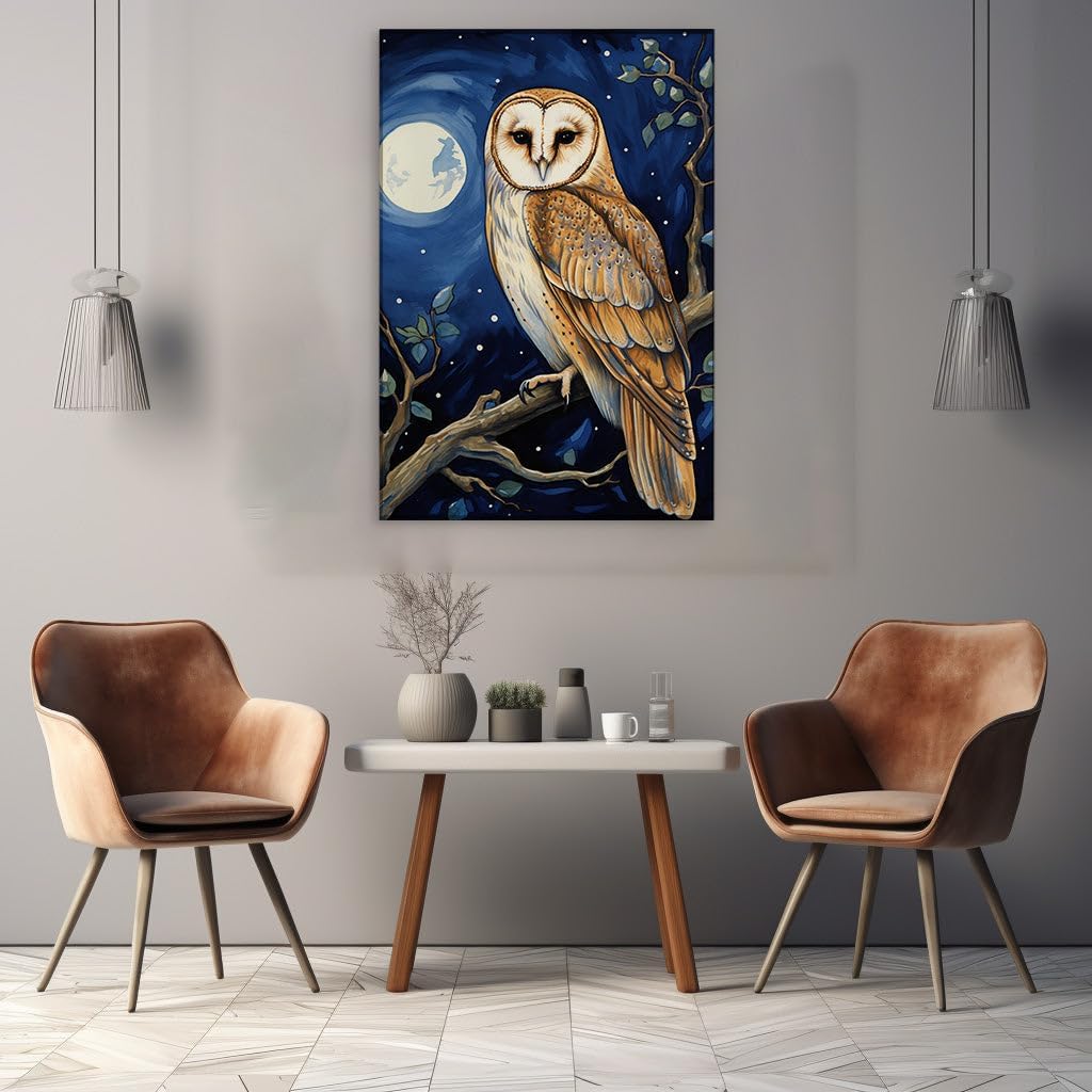 Canvas for Living room. Whispering Wings Under the Moonlit Sky � The Mystique of the Brown Owl Perch, 27 x 18 inch Canvas Wall Art - Contemporary Masterpieces - Nature Home Decor