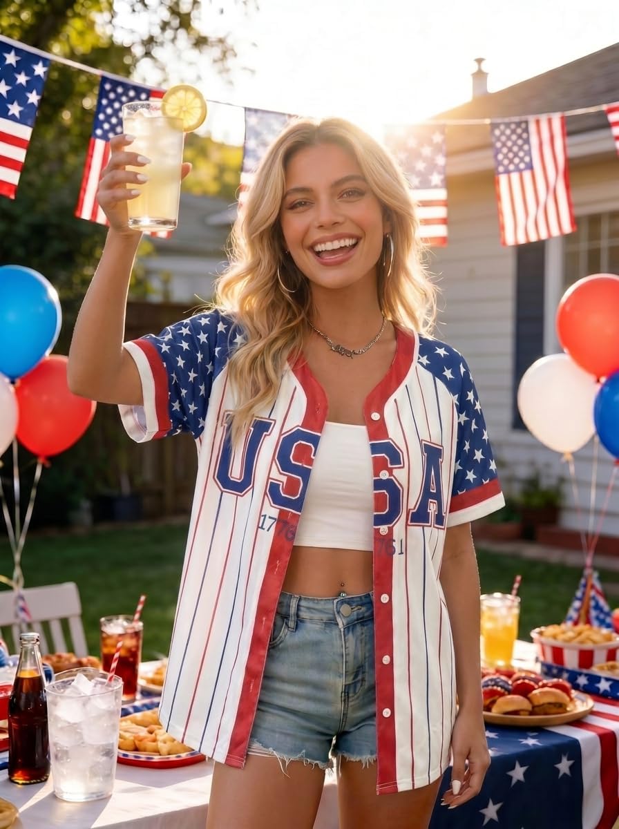 USA Flag Baseball Jersey for Women 4th of July Button Down Shirt
