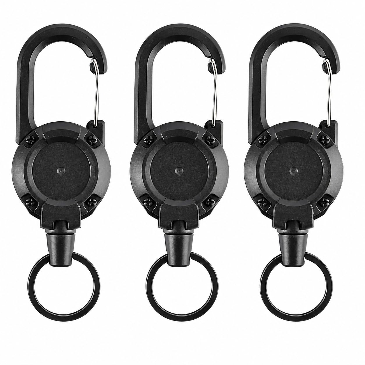 3 Pack Heavy Duty Retractable Keychain Badge Holder Reel with 23.6 Inch Steel Cord, Tactical Key Reel with Carabiner Clip and Key Ring, Retractable ID Card Holder for Work Office Outdoor Use Black