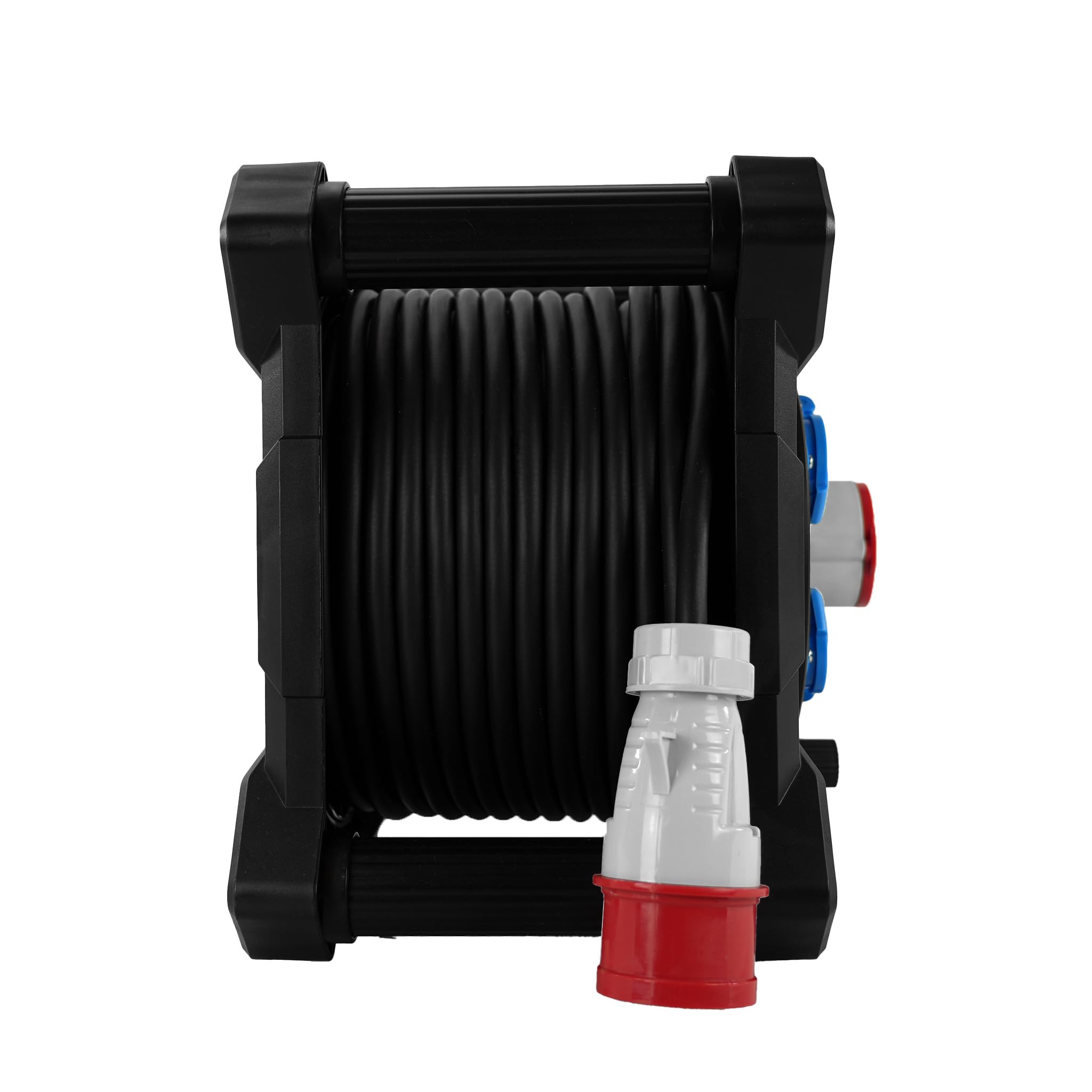 Kwadratowy przedłużacz bębna kablowego; 4 × CEE + zestyk ochronny; 2 × Schuko; IP44; 16A; 400V; H07RN‑F 5×2,5 mm²; 15-25 m; Schuko; czarny (długość 15 metrów)