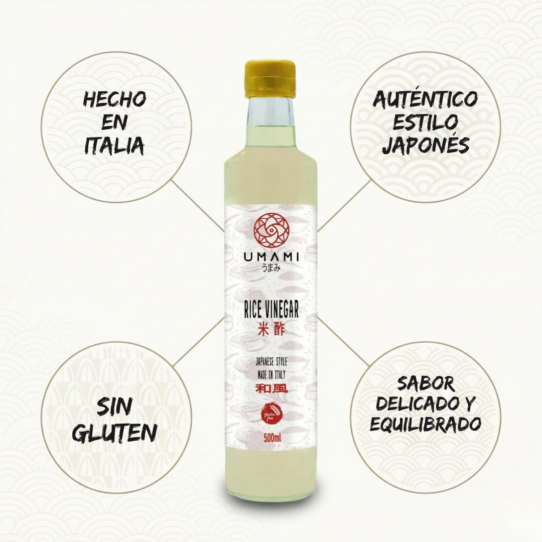 Umami Vinagre de Arroz para Sushi 500ml - Receta Auténtica Japonesa - Producido en Italia - Ideal para Arroz, Ensaladas y Marinados