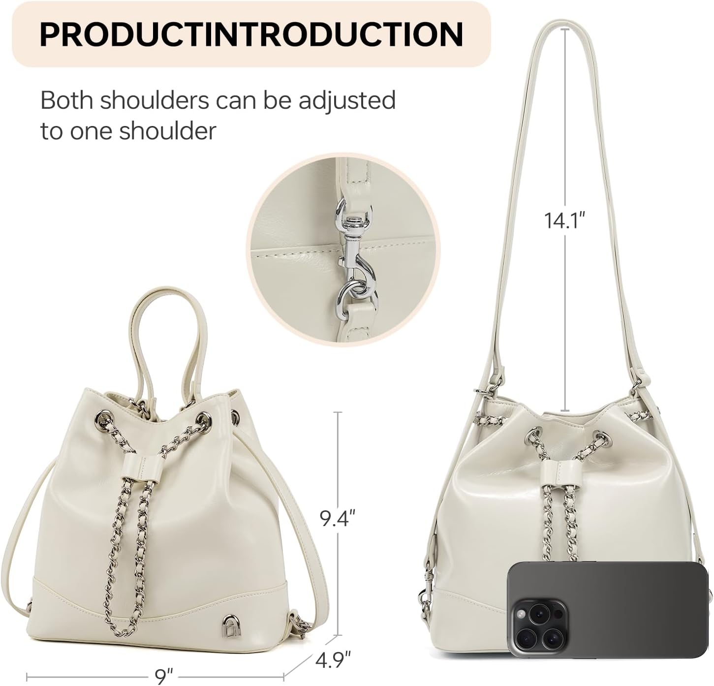 LA FESTIN Leather Purses for Women Cute Backpack Lightweight Shoulder Small Trendy Bucket Handbags with Strap Silver Chain (White) - Image 5