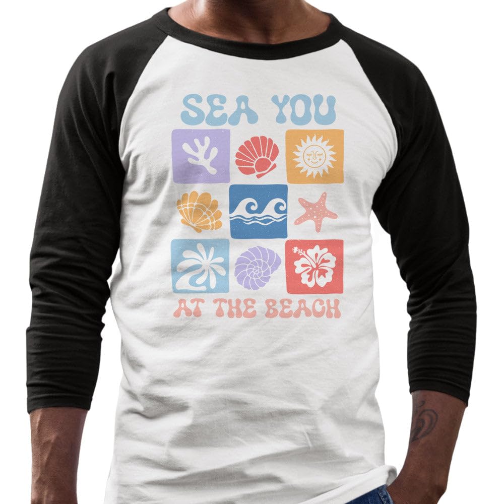 TeesAndTankYou Sea You at The Beach Three-Quarter Raglan Sleeve Baseball Shirt Unisex Medium White/Black