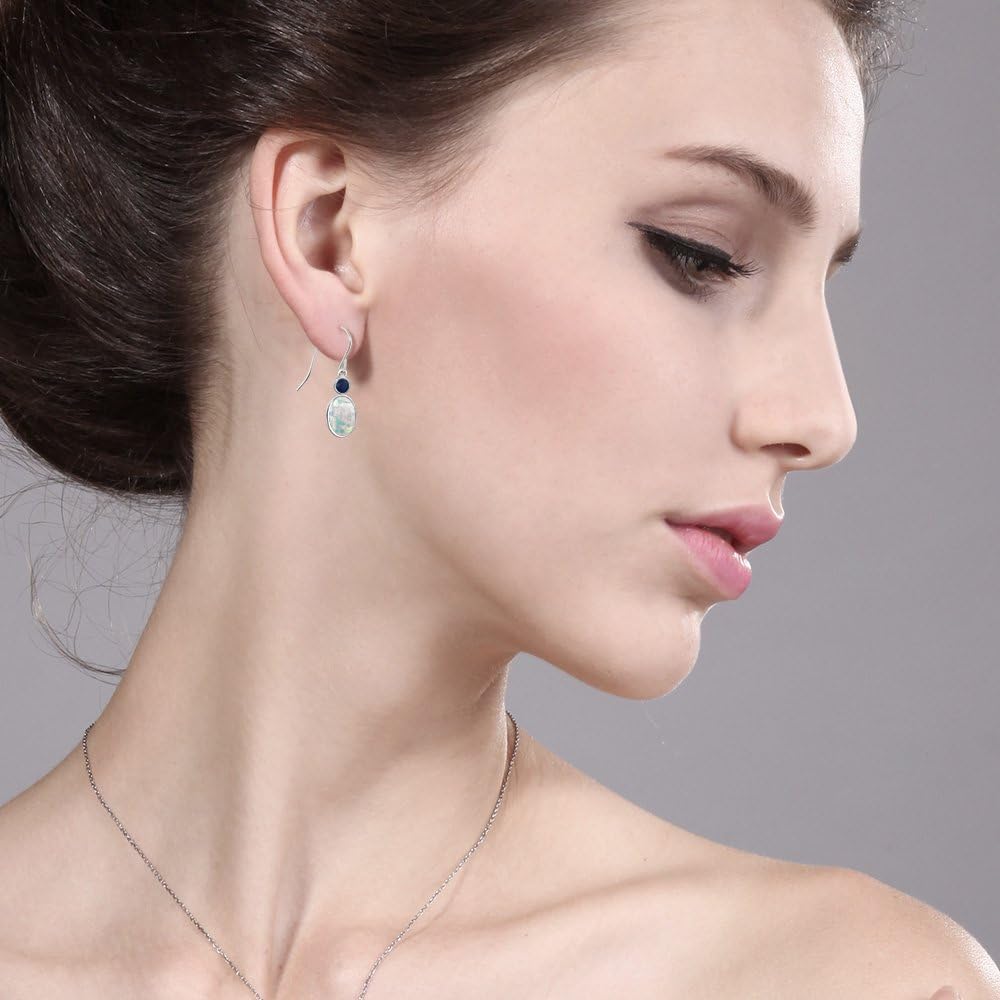 Gem Stone King 14K White Gold White Simulated Opal and Blue Sapphire Hook French Fish Ear Wire Dangle Earrings For Women (2.36 Cttw, Gemstone October Birthstone, Oval Cabochon 8X6MM, Round 3MM)