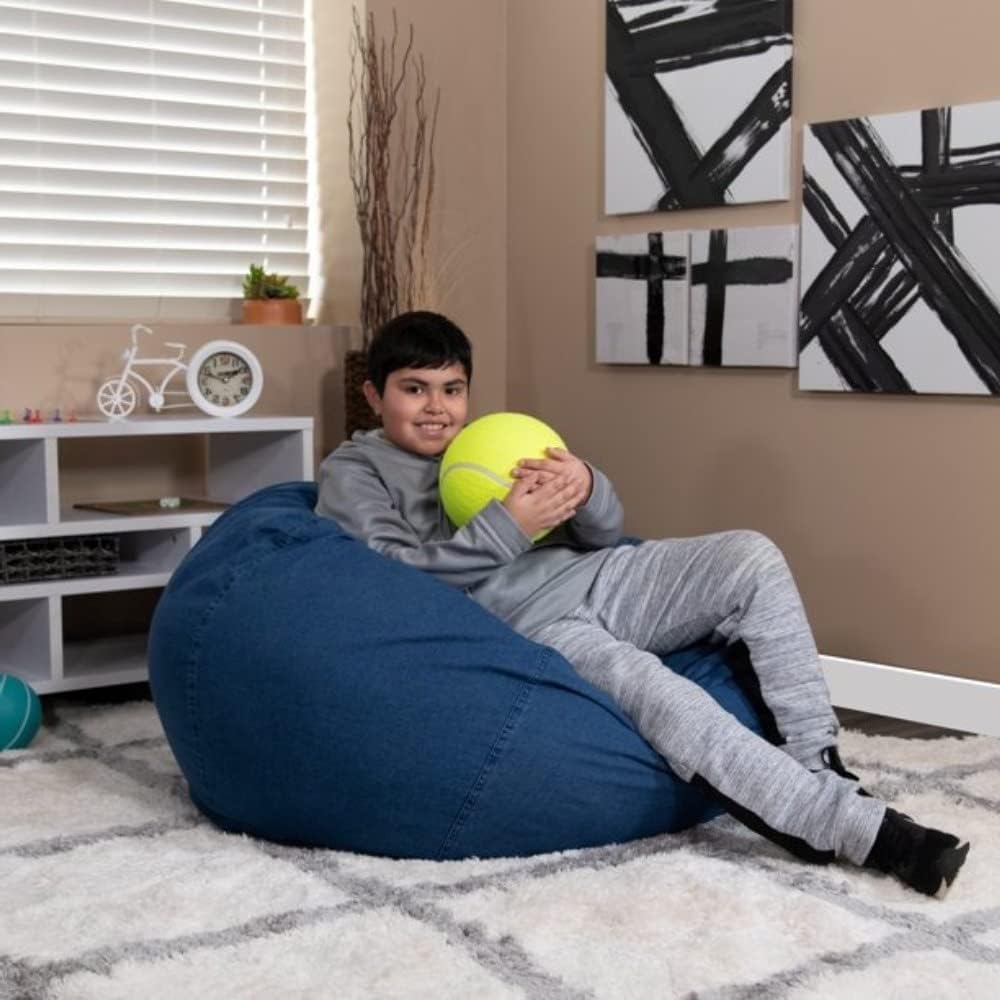 Comfy Oversized Bean Bag Chair ,Child-Proof Zipper Closure Super Light Lounger Refillable | Adult Kids Toddler Big All Ages Pre-Filled Soft Foam Beads | Durable Cozy Relaxer , Denim Blue Color