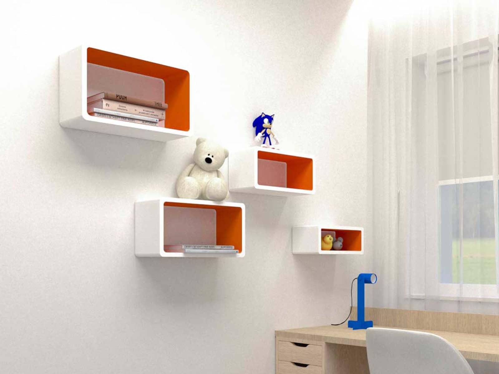 Cube Verstärkte Vielen Farben MDF Retro Design 4er Set Regal Regale Wandregal Deko Würfel CD DVD Lounge LO01 (Weiß/Orange)