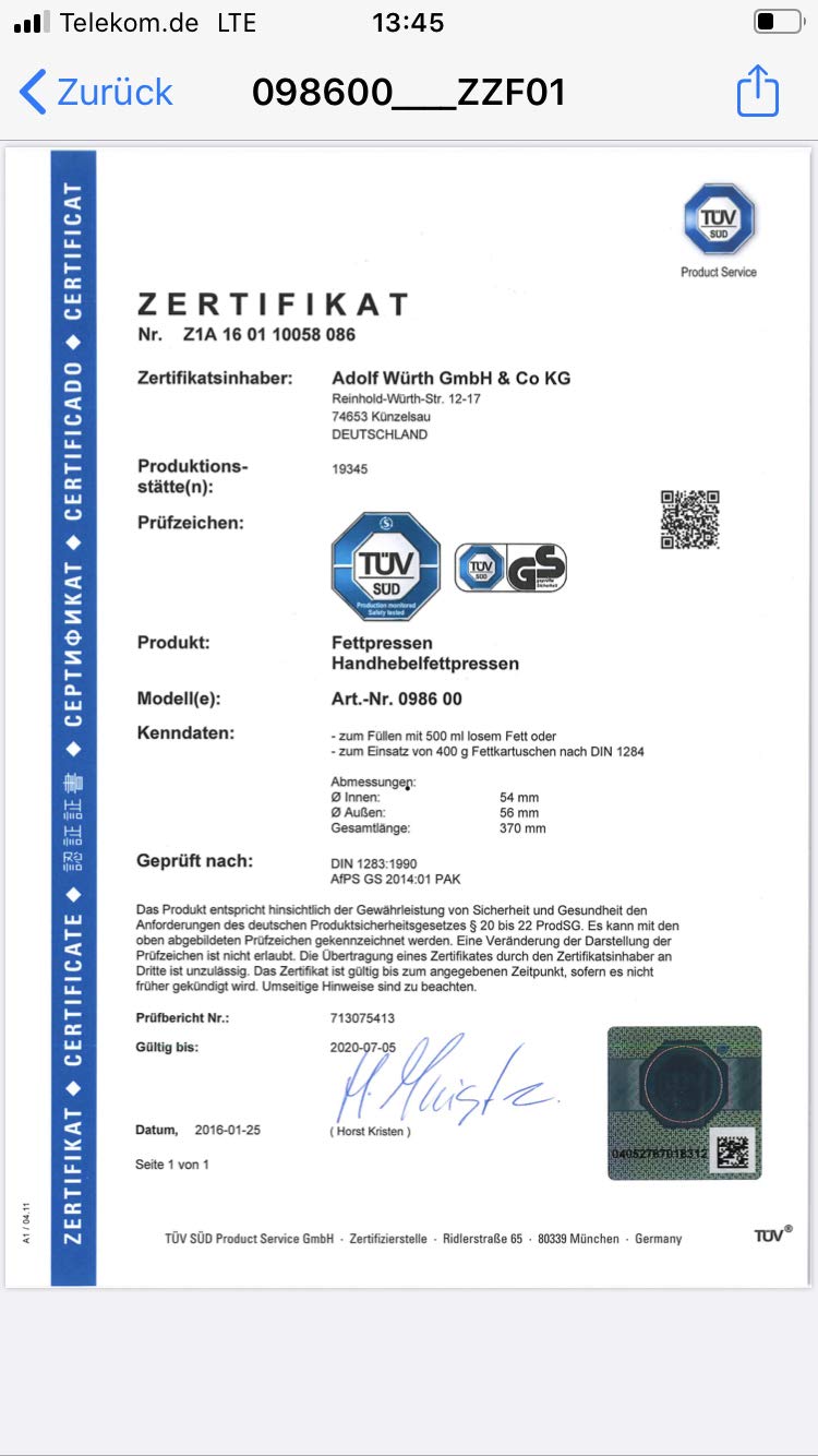 Wurth 98600 INGRASSATORE A LEVA P/CARTUCCE 400GR