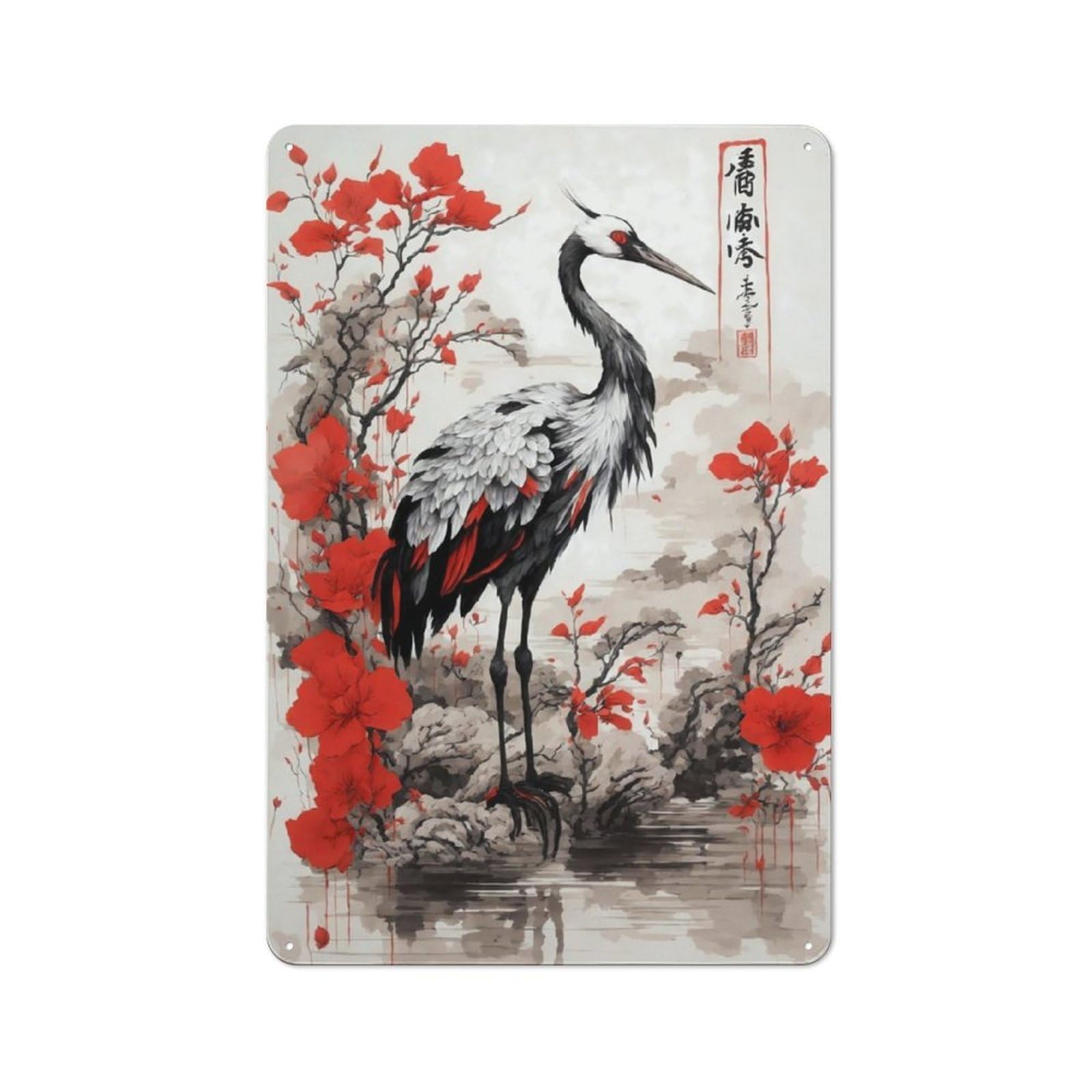 Junmoney Tranquil Crane Rustic Tin Wall Plaque 30X20cm For Studio Or Craft Room, For Garage, Workshop And Man Cave Decoration