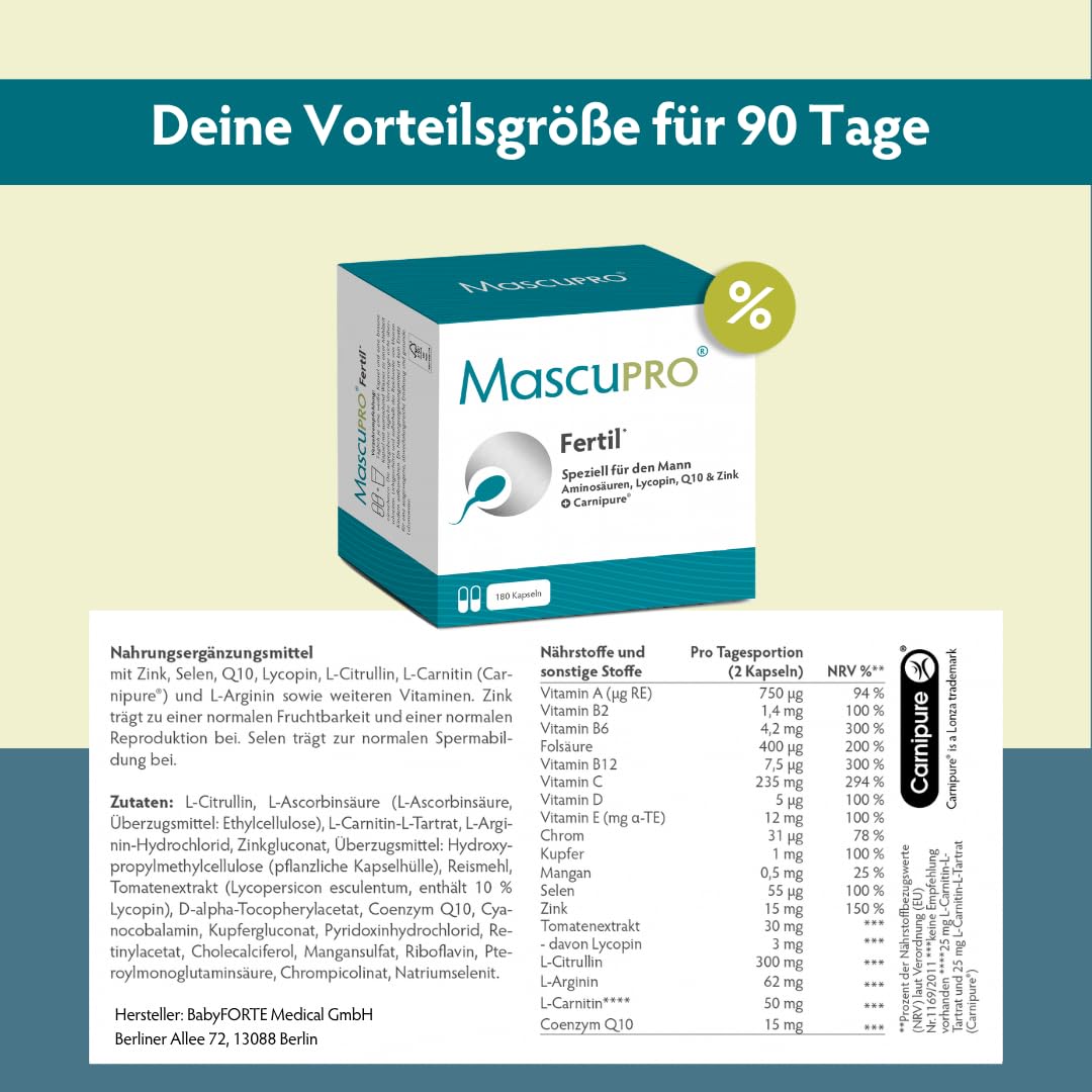MascuPRO Fertil | 18 Inhaltsstoffe | 3 Monatspackung | Zink, Selen, Q10, Aminosäuren & Lycopin | vegan