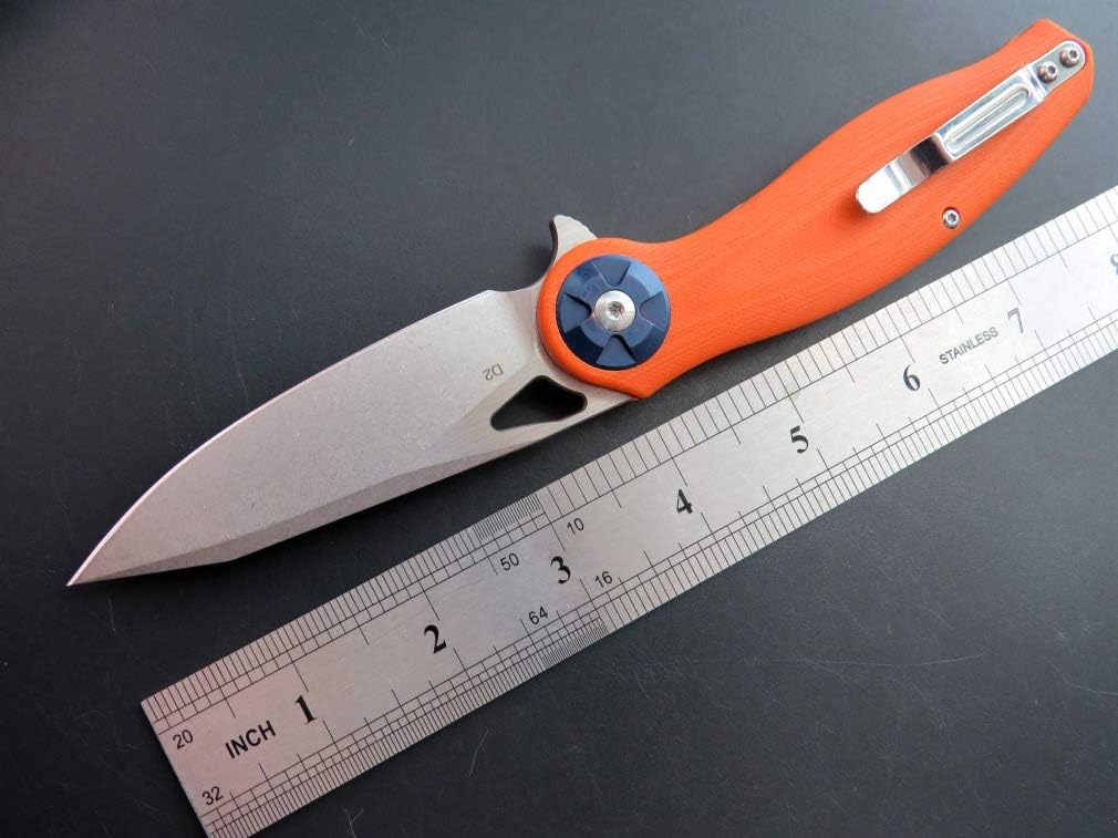 EF76 Ball Bearing Folding Knife for Camping EDC Pocket Knife with G10 Handle & D2 Stone-washed Blade Hunting Outdoor Tool (EF76-orange)