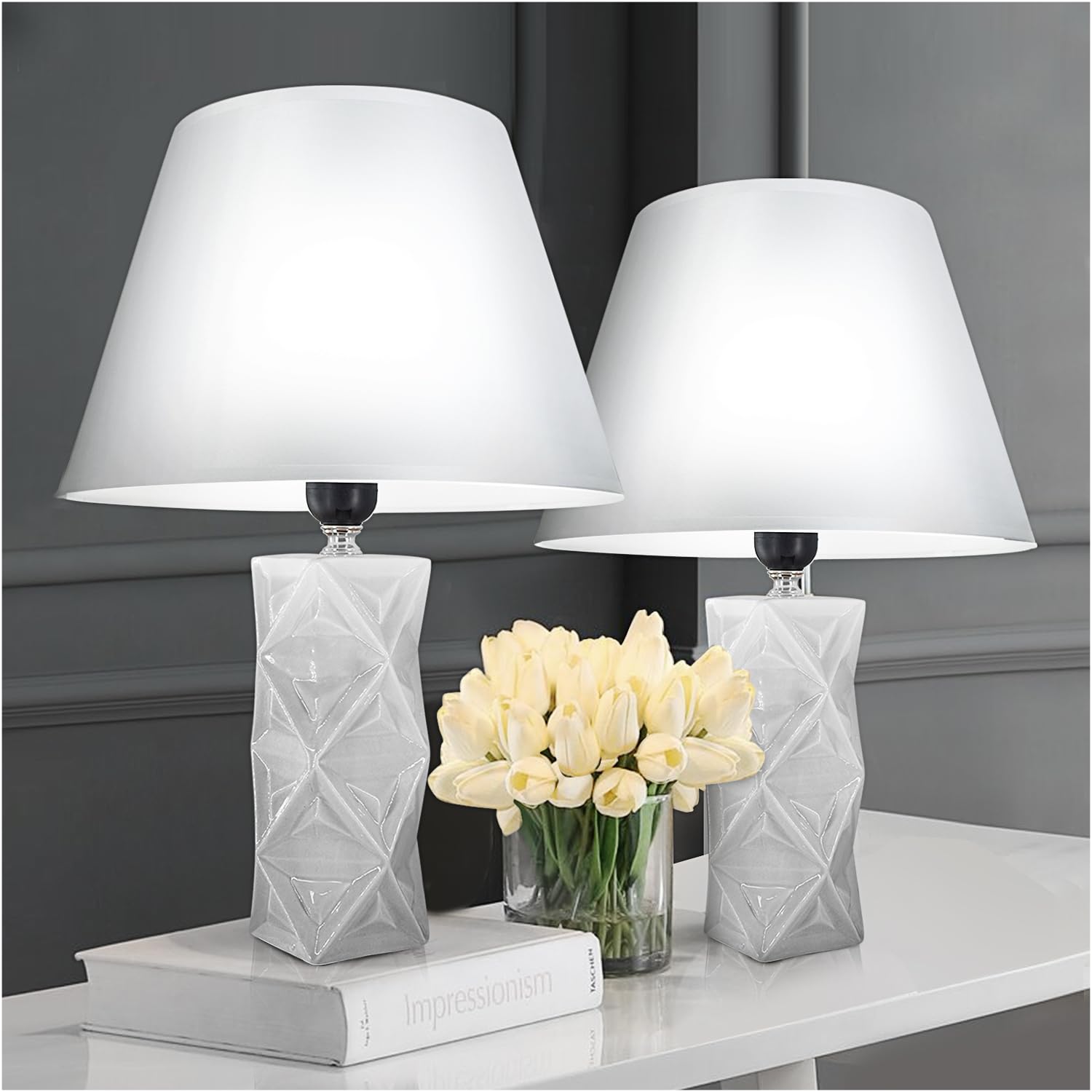 Levigo Ceramic Table Lamps Set of 2, 11" Bedside Lamps Modern Nightstand Lamp Desk Reading Lamp for Bedroom, Living Room, Office, 2 Bulbs Included (White)