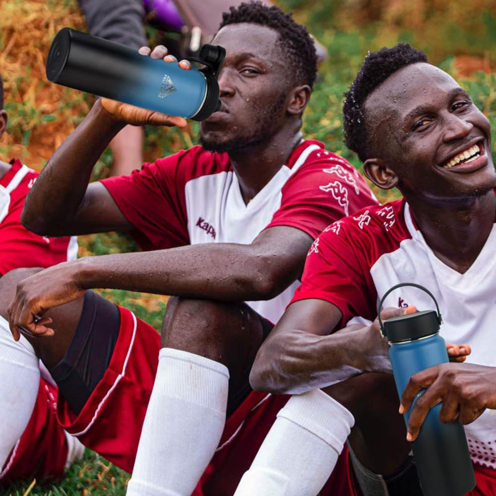 Double-Walled Vacuum Insulated Stainless Steel Water Bottle with 2 Leak Proof lids (Chug & Wide Mouth Lid) BPA Free for Gym, Office, Sport Bottles for Men & Women (24 oz, Sea Blue)