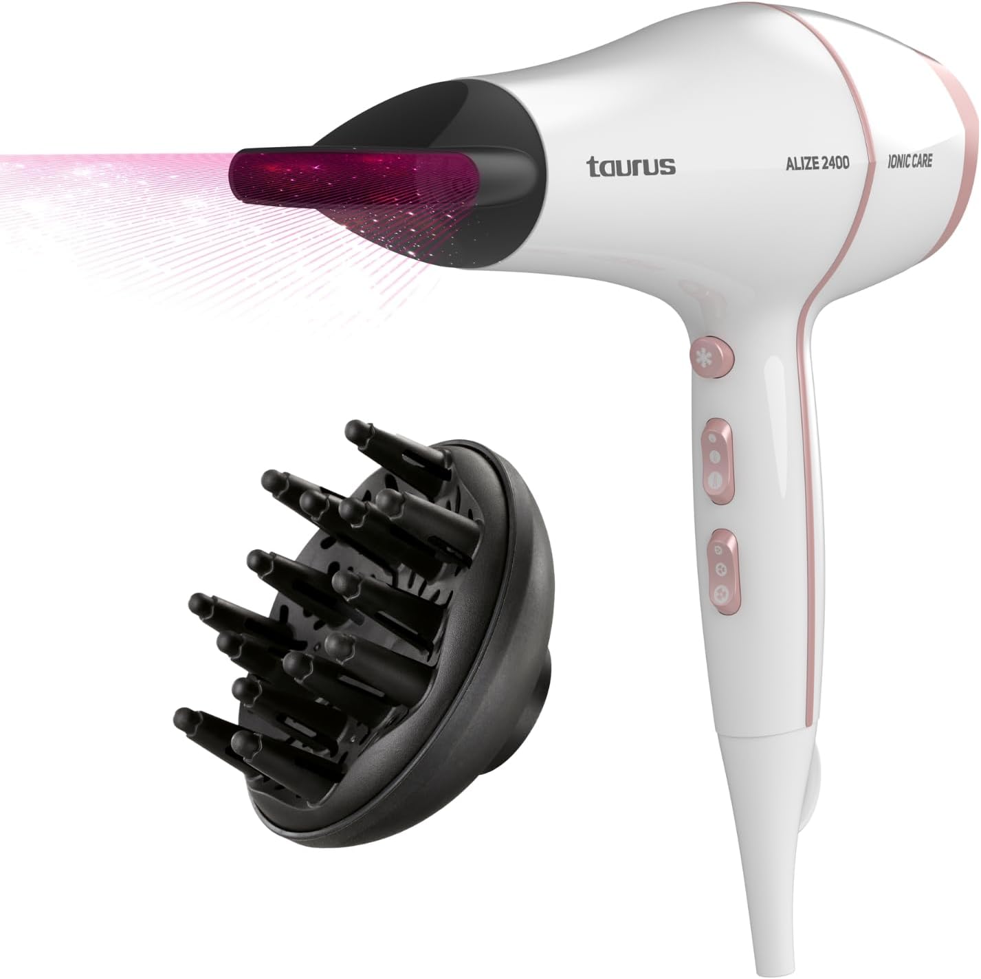 Taurus – Alize Ionic Care Föhn | 2400W | Ionische Technologie voor Glans | 3 Temperatuurstanden & 2 Snelheden | Koude Luchtstoot | Ergonomische Handgreep | Opzetstukken: Diffuser & Concentrator